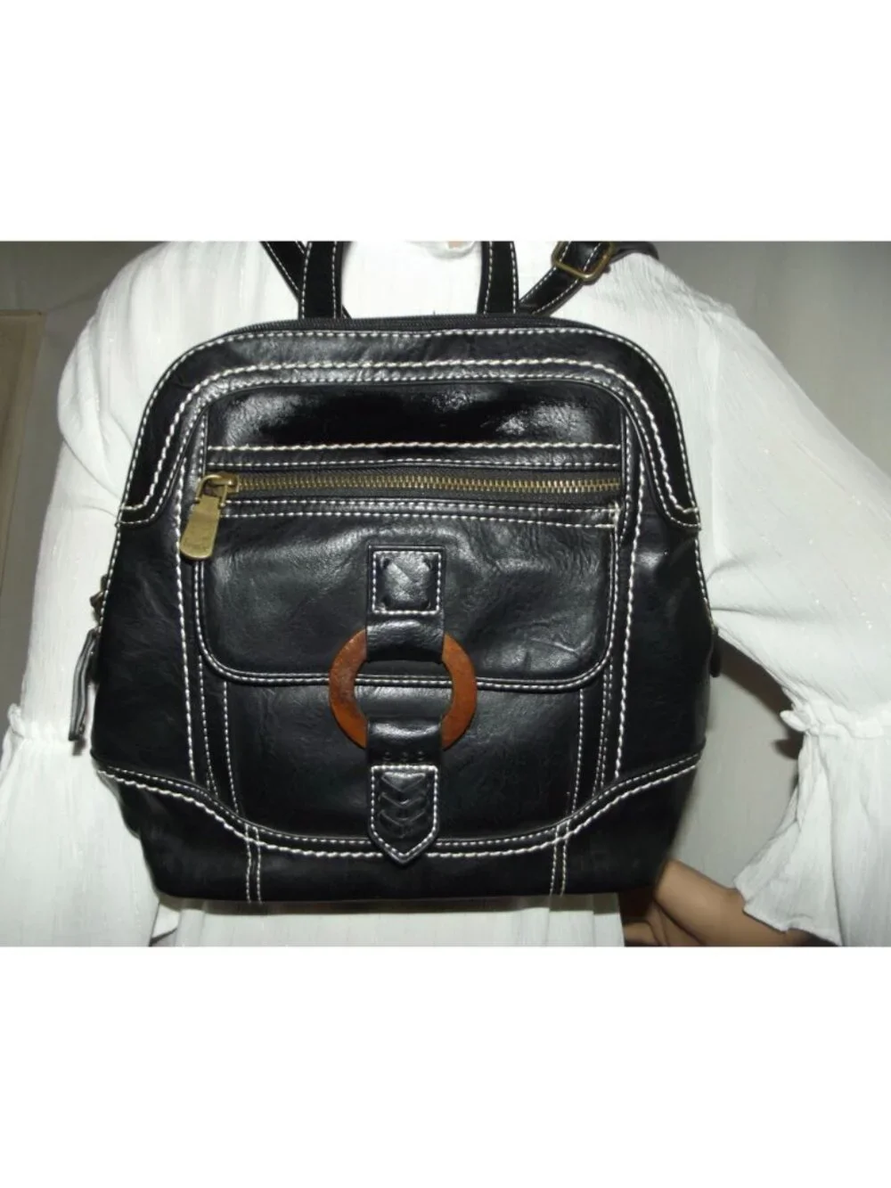 b.o.c. Backpack black faux leather white accent stitching wooden ring BORN